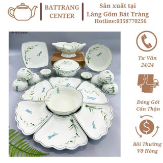 Bộ đồ bàn ăn Siêu Phẩm Hoa Mặt Trời Men trắng vẽ Lá Me -gốm sứ Bát Tràng,mâm cơm cúng ngày tết,mồng 1,ngày rằm