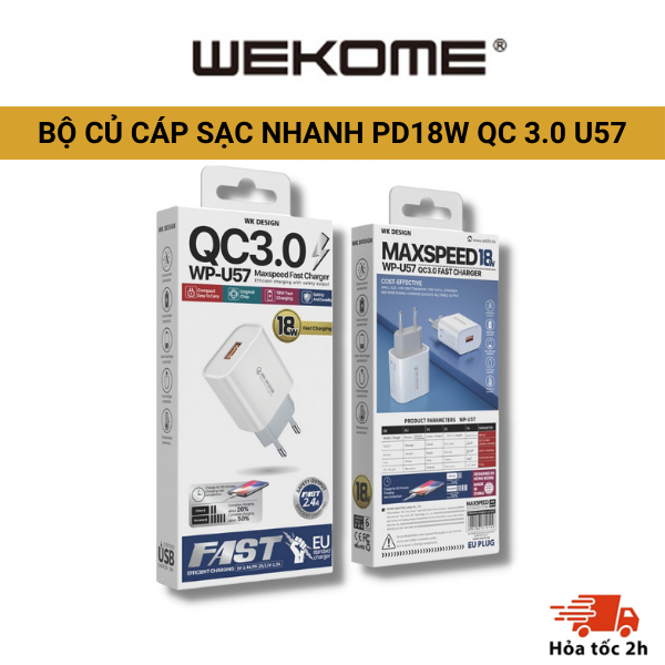 [18W] Bộ Sạc Nhanh 18W WEKOME WP U57 dành cho mọi loại điện thoại 6/7/8/x/11/12/13/14 pro/promax