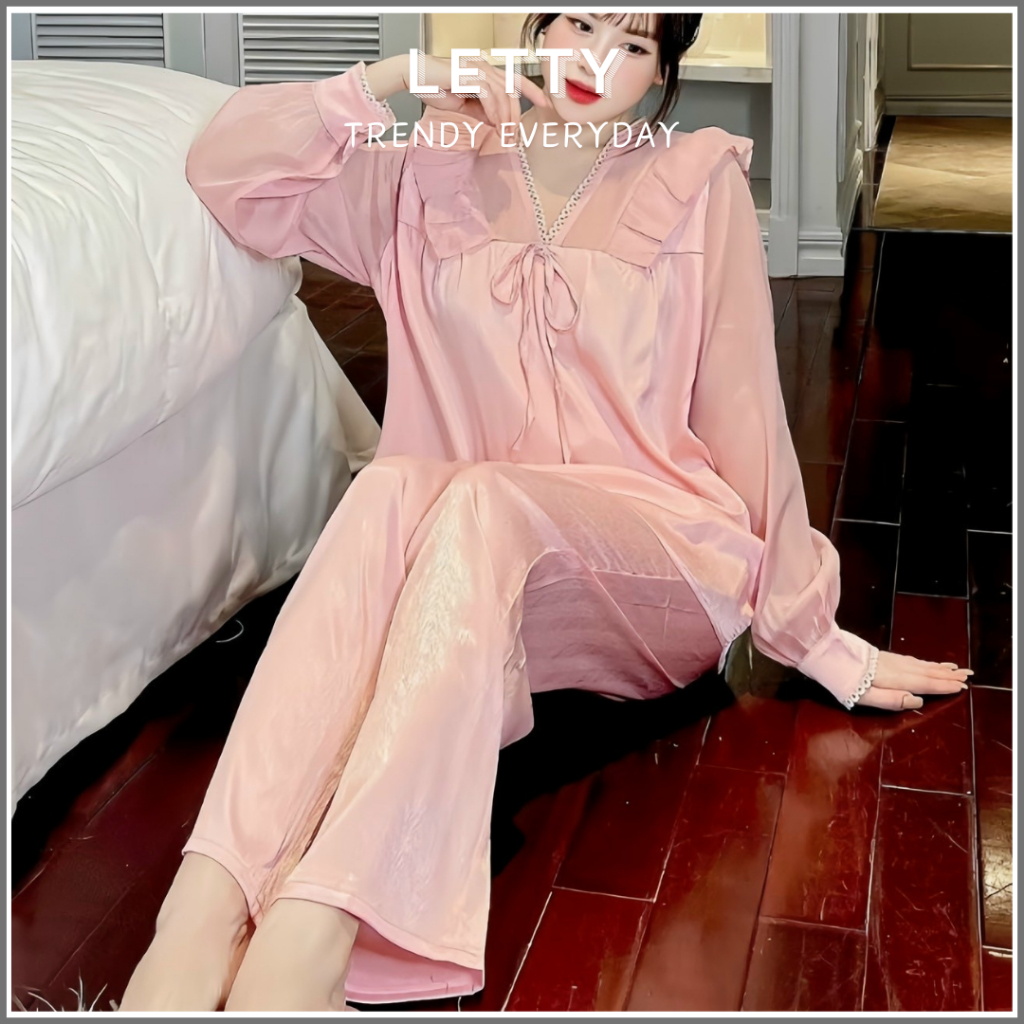 Đồ Bộ LETTY Pijama Mặc Nhà Mặc Ngủ hàng Thiết Kế Tay voan Dài Quần Dài xinh xắn vải lụa gấm xước cao cấp