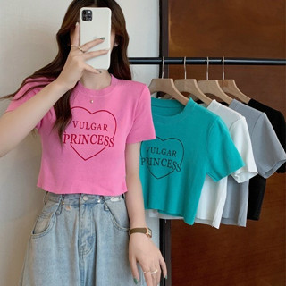 Áo croptop len dệt kim nữ tay ngắn kiểu cổ tròn dáng ôm body Áo thun cộc tay nữ in họa tiết trái tim phong cách Hàn Quốc