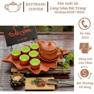 Bộ ấm trà gốm Tử sa men đỏ - ấm đắp trúc Hàng Chuẩn Bát Tràng
