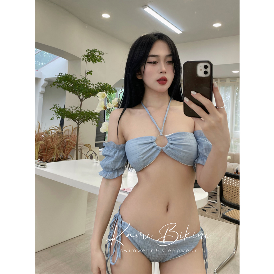 Bikini 3 mảnh đi biển kèm khăn quấn chất xốp nhăn áo phối vòng. Đồ bơi nữ hottrend áo sẵn đệm mút nhiều màu dễ mặc <55kg | BigBuy360 - bigbuy360.vn