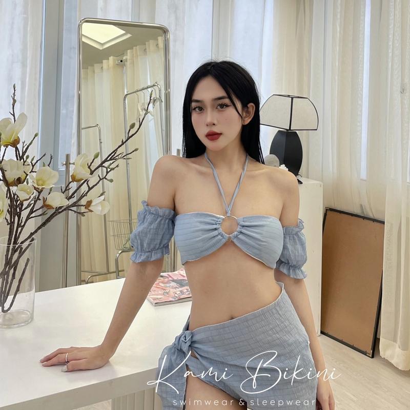 Bikini 3 mảnh đi biển kèm khăn quấn chất xốp nhăn áo phối vòng. Đồ bơi nữ hottrend áo sẵn đệm mút nhiều màu dễ mặc <55kg | BigBuy360 - bigbuy360.vn