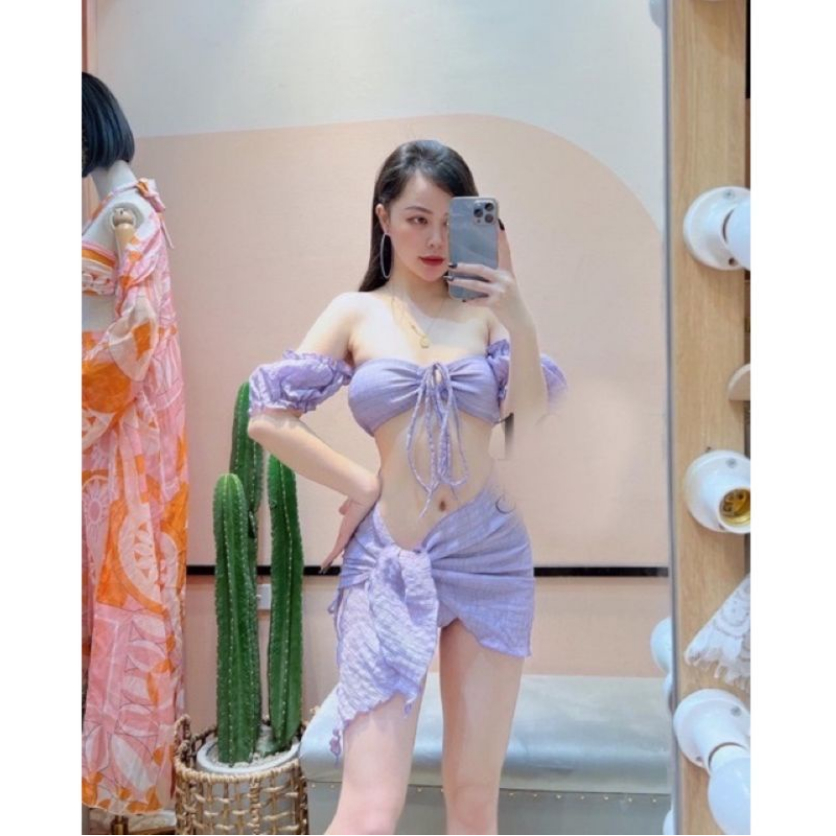 Bikini 3 mảnh đi biển kèm khăn quấn chất xốp nhăn áo phối vòng. Đồ bơi nữ hottrend áo sẵn đệm mút nhiều màu dễ mặc <55kg | BigBuy360 - bigbuy360.vn