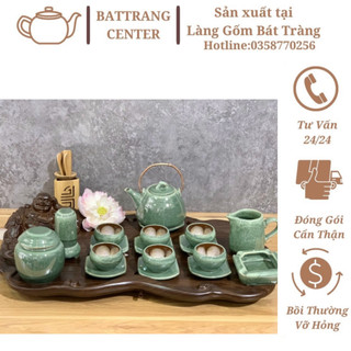 Bộ Ấm Chén Pha Trà Hoả Biến Bát Tràng-hàng nhà lò giá tận gốc,men Xanh Thiên Thanh dáng ấm Chuông