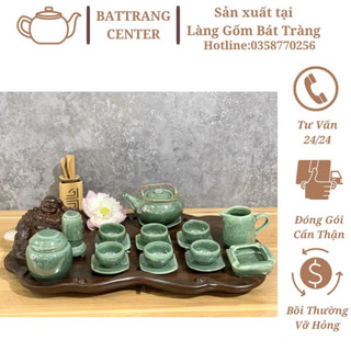 Bộ Ấm Chén Pha Trà Hoả Biến Bát Tràng-hàng nhà lò giá tận gốc,men Xanh Thiên Thanh dáng ấm Nhật quai đồng