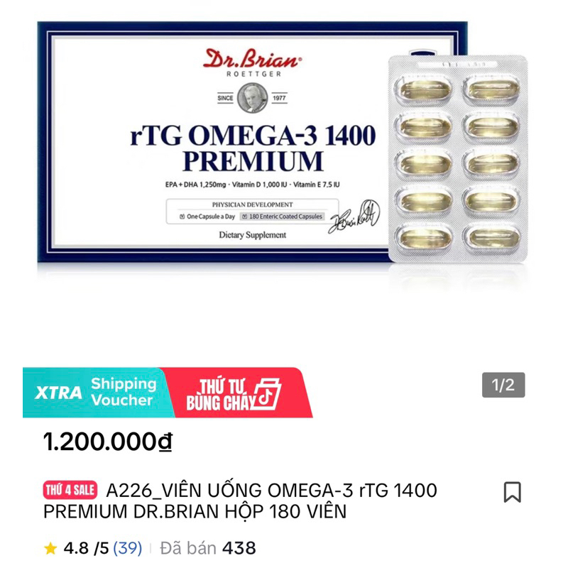 A226_ Viên Uống Omega-3 RTG 1400 Premium Dr.Brian Hộp 180 Viên