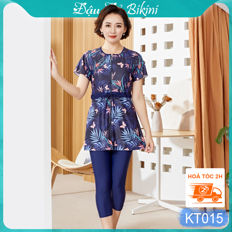 Bộ bơi trung niên dáng váy khoá kéo trước, quần bơi dài qua gối kín đáo, có size lớn cho các mẹ & các bà béo mập | KT015