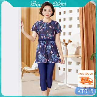 Bộ bơi trung niên dáng váy khoá kéo trước, quần bơi dài qua gối kín đáo, có size lớn cho các mẹ & các bà béo mập | KT015