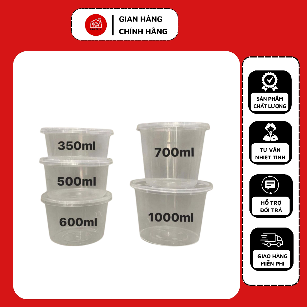 10 Hộp nhựa tròn PP 350 - 1000 ml chịu nhiệt tốt, hộp nhựa dùng 1 lần kèm nắp đựng thực phẩm, đồ ăn