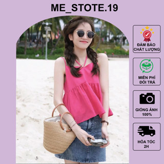 Áo 2 dây babydoll màu hồng cổ buộc dây dây vai có chốt điều chỉnh phù hợp mặc đi biển đi chơi phong cách Hàn Quốc