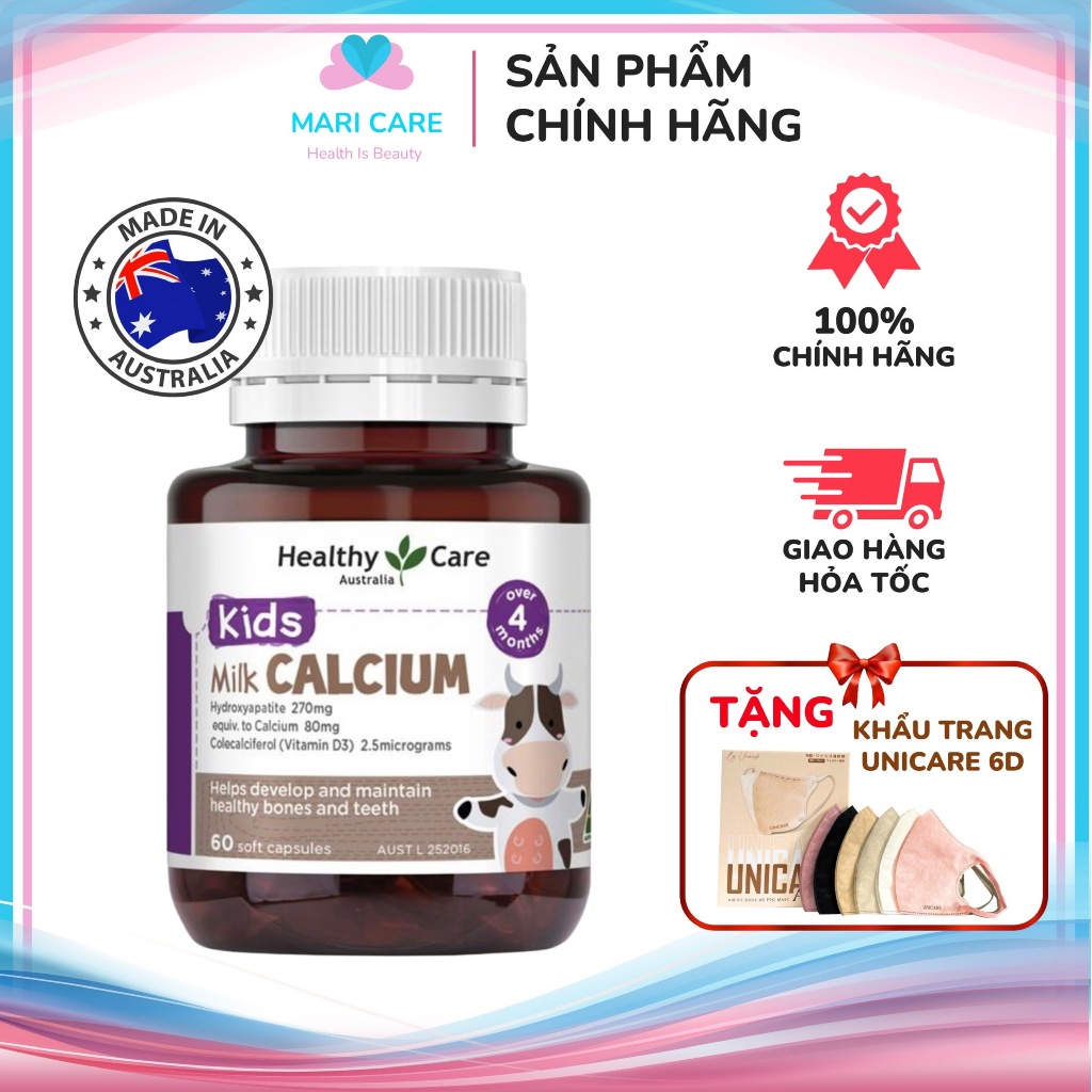 Tem CHÍNH HÃNGCanxi sữa Milk Calcium Heathy Care date MỚI cho bé 60viên