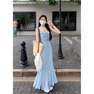 (ORDER) Váy hai dây hoa nhí màu xanh dương nhạt thon eo suông dài phối đuôi cá điệu đà maxi tiểu thư hàng Quảng châu