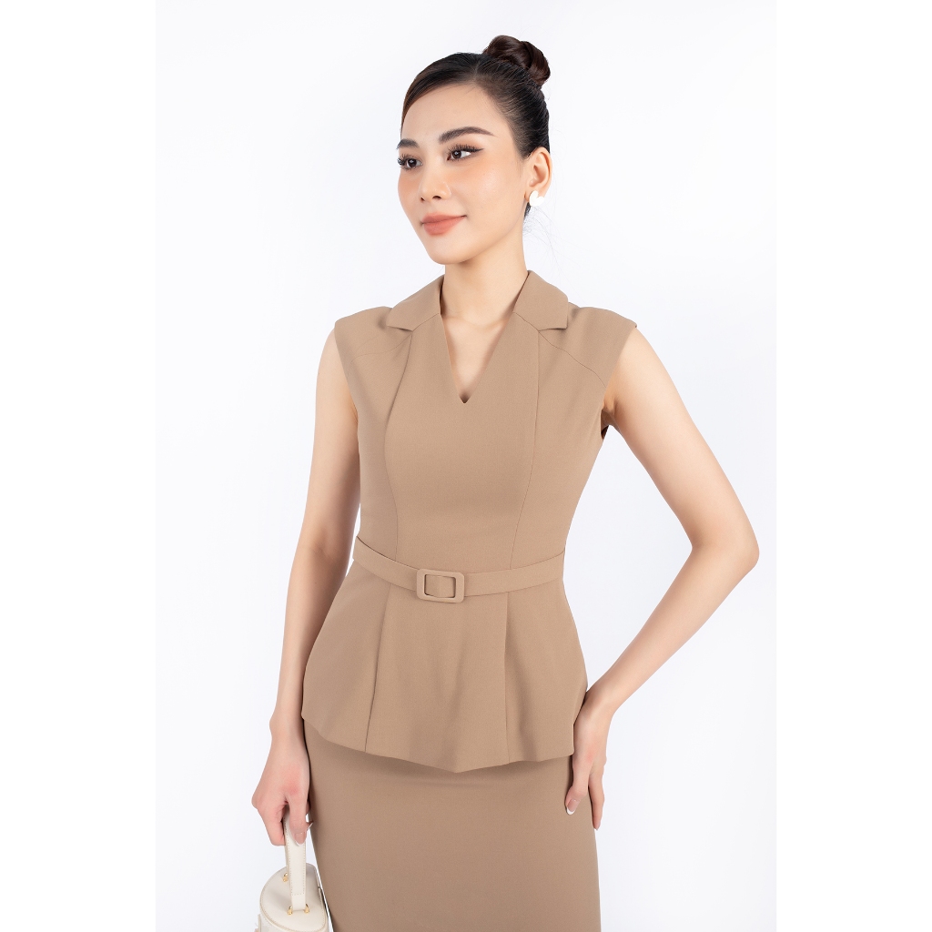 BAK72666 - Áo kiểu công sở vải tuytsi dáng peplum cổ V kèm đai cùng vải tạo kiểu - PANTIO