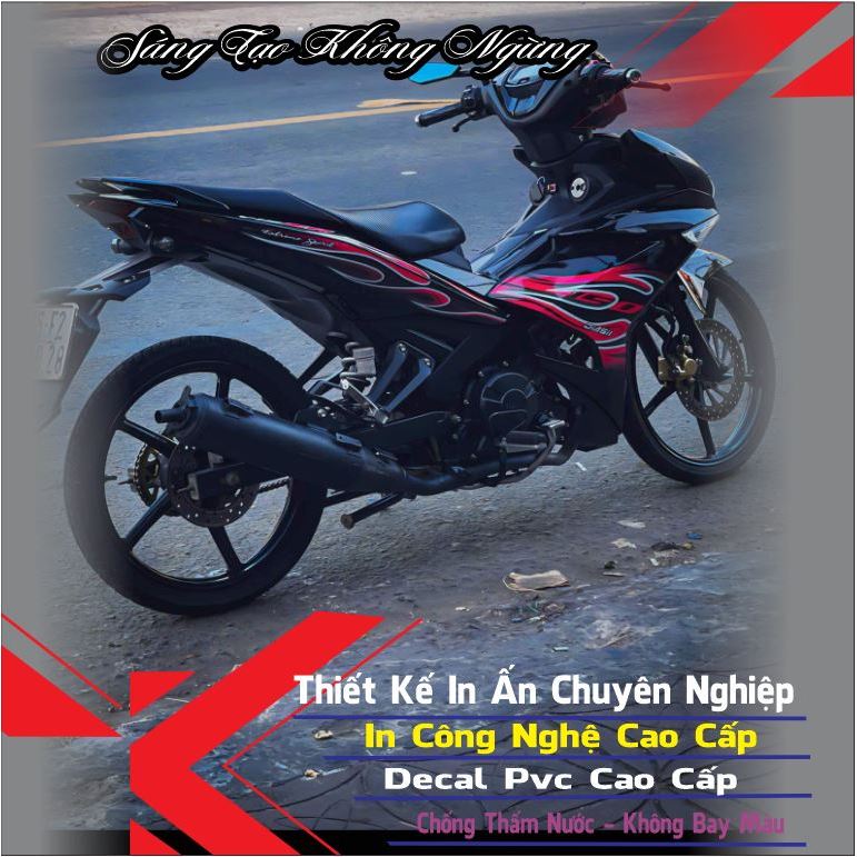 Decal tem lửa màu đỏ dán cho xe exciter 150 màu đen độ kiểng in decal trắng