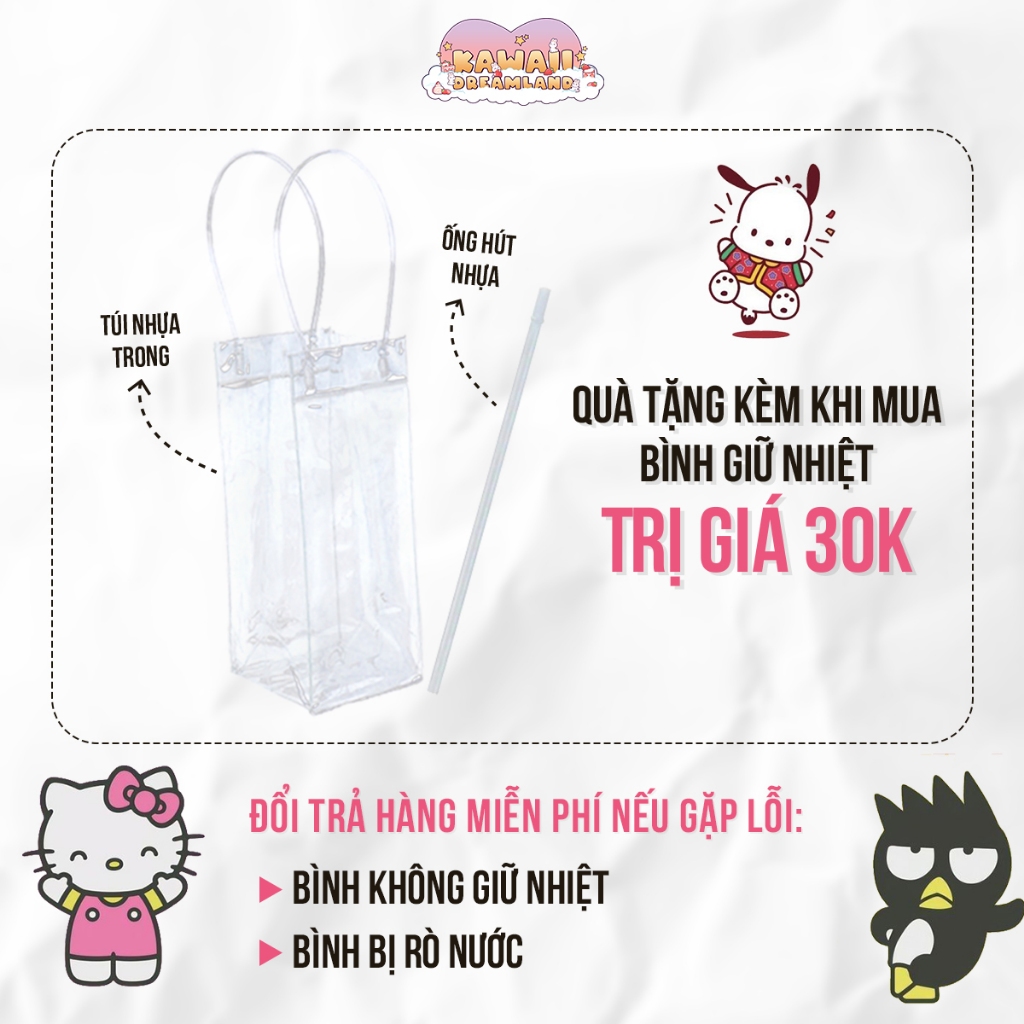 Bình giữ nhiệt cute hình We Bare Bears  -600ml - Inox 304 -Tặng Túi Xách -Kawaii Dreamland