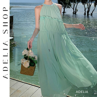 「adelia」đầm voan nhẹ nhàng chất voan màu xanh mint cổ yếm, đầm dài đi biển dáng dài dh439