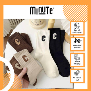  Tất vớ cổ cao nữ Hàn Quốc HỌA TIẾT CHỮ C dễ thương, Tất vớ chất liệu cotton thoáng khí, co giãn 4 chiều