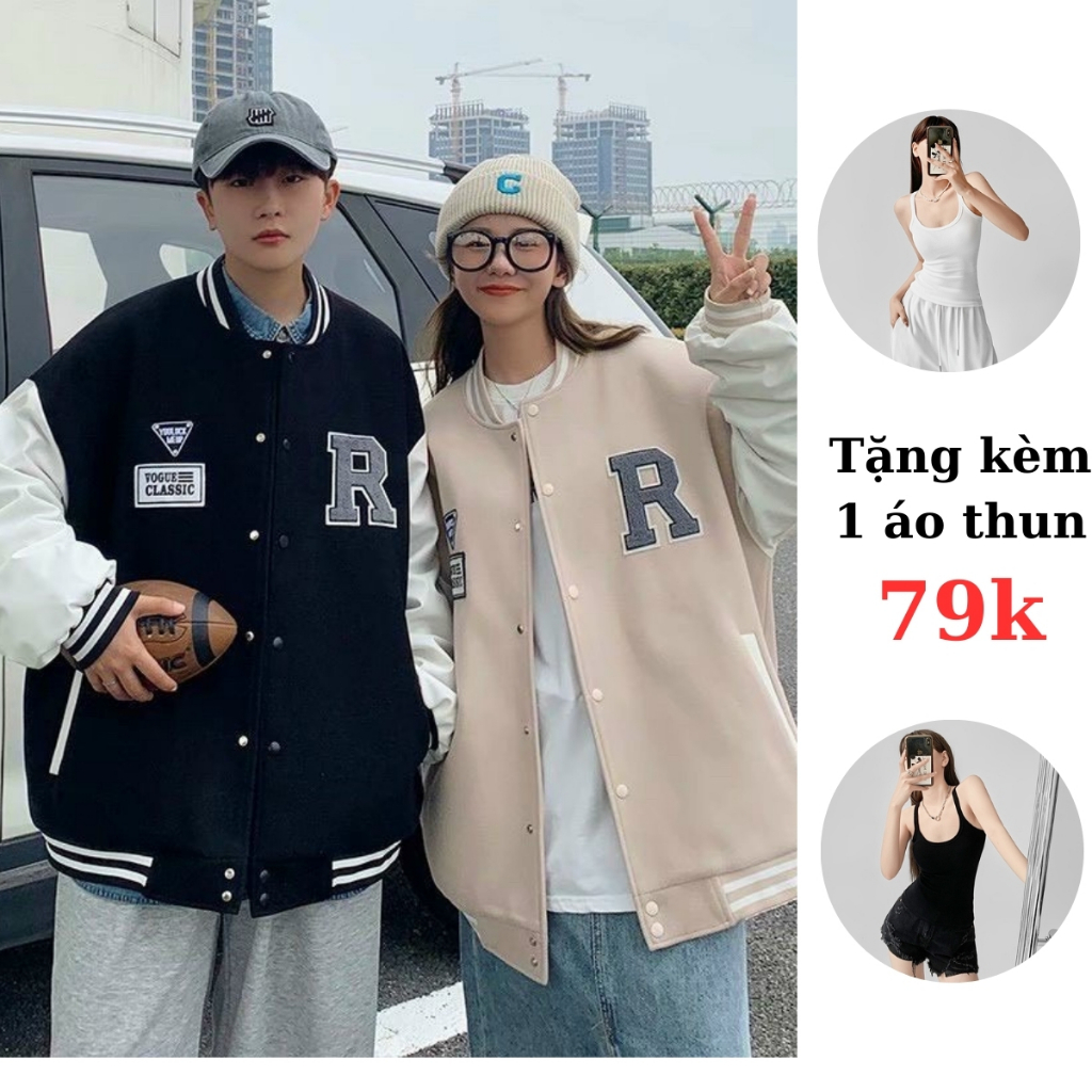 Áo khoác bomber varsity unisex form rộng thêu R chất da lộn mềm mịn jacket bóng chày 2 lớp nam nữ LCH