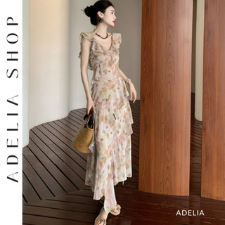 「adelia」đầm maxi hoa nhí dáng dài cổ v khoét lưng hàng 2 lớp quảng châu dh440
