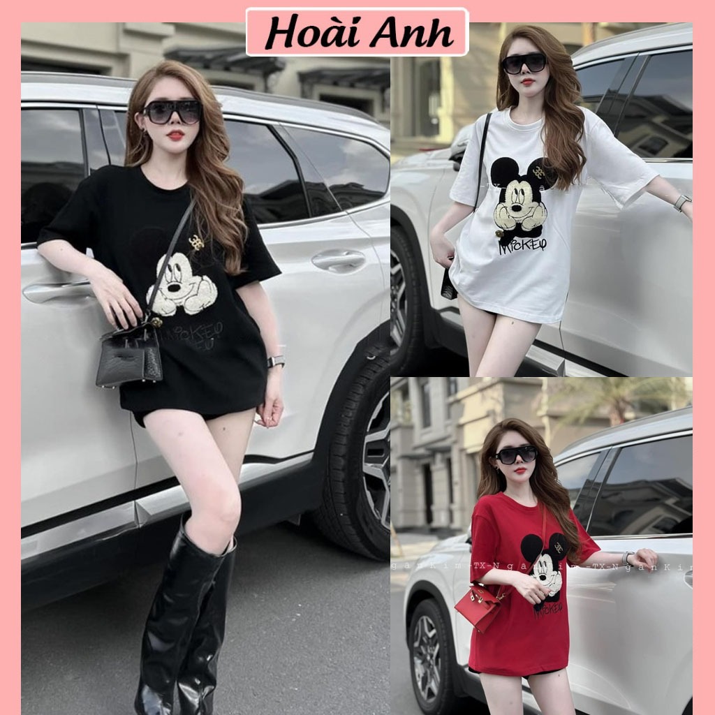 Áo Phông Nữ Thêu Mickey Cười Lông Nổi Form Dấu Quần Áo Thun Nữ Ngắn Tay Freesize Form Rộng