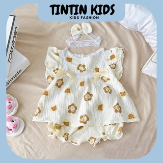 Bộ xô MUSLIN nhiều họa tiết phối ren đính nơ cho bé gái 6-14kg 