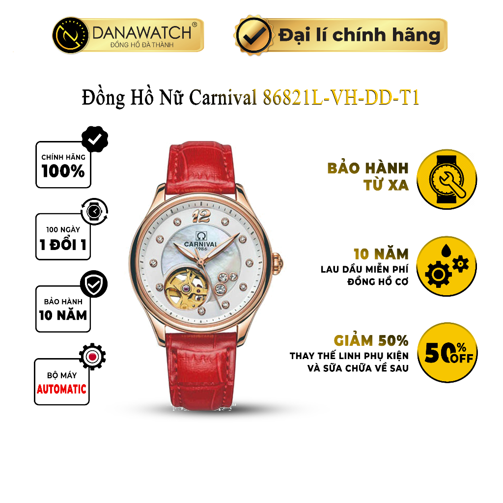 Đồng hồ nữ Carnival 86821L-VH-DD-T1 lộ cơ, máy Automatic Japan, kính sapphire, dây da, chống nước, chính hãng