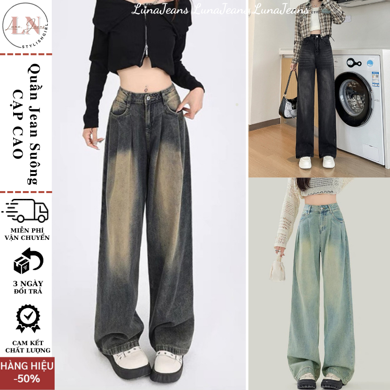 Quần jean nữ ống rộng cúc bấm ống cạp cao LUNA JEAN, Quần bò jean nữ phong cách Retro Ulzzang 2023