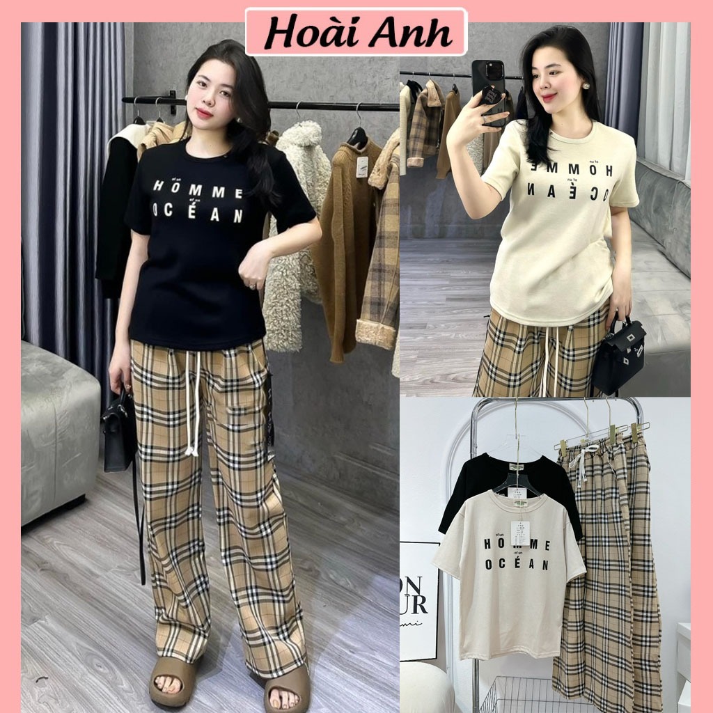 Set Bộ Đồ Nữ HOMME Áo Phông Thụng Ngắn Tay In Chữ Mix Quần Dài Kẻ Thô Mềm Ống Rộng Freesize