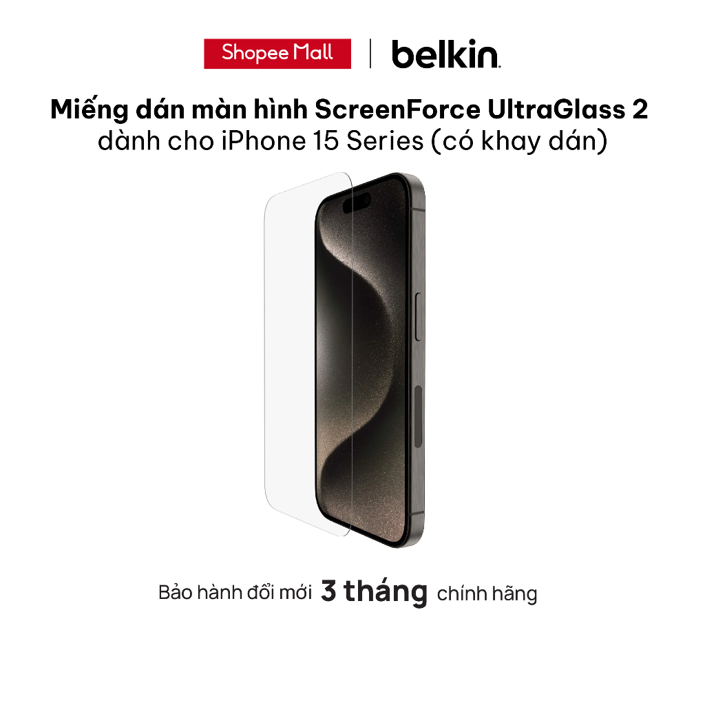 Miếng dán màn hình Belkin ScreenForce UltraGlass 2 cho iPhone 15 Series, có khay dán - Đổi mới 90 ngày