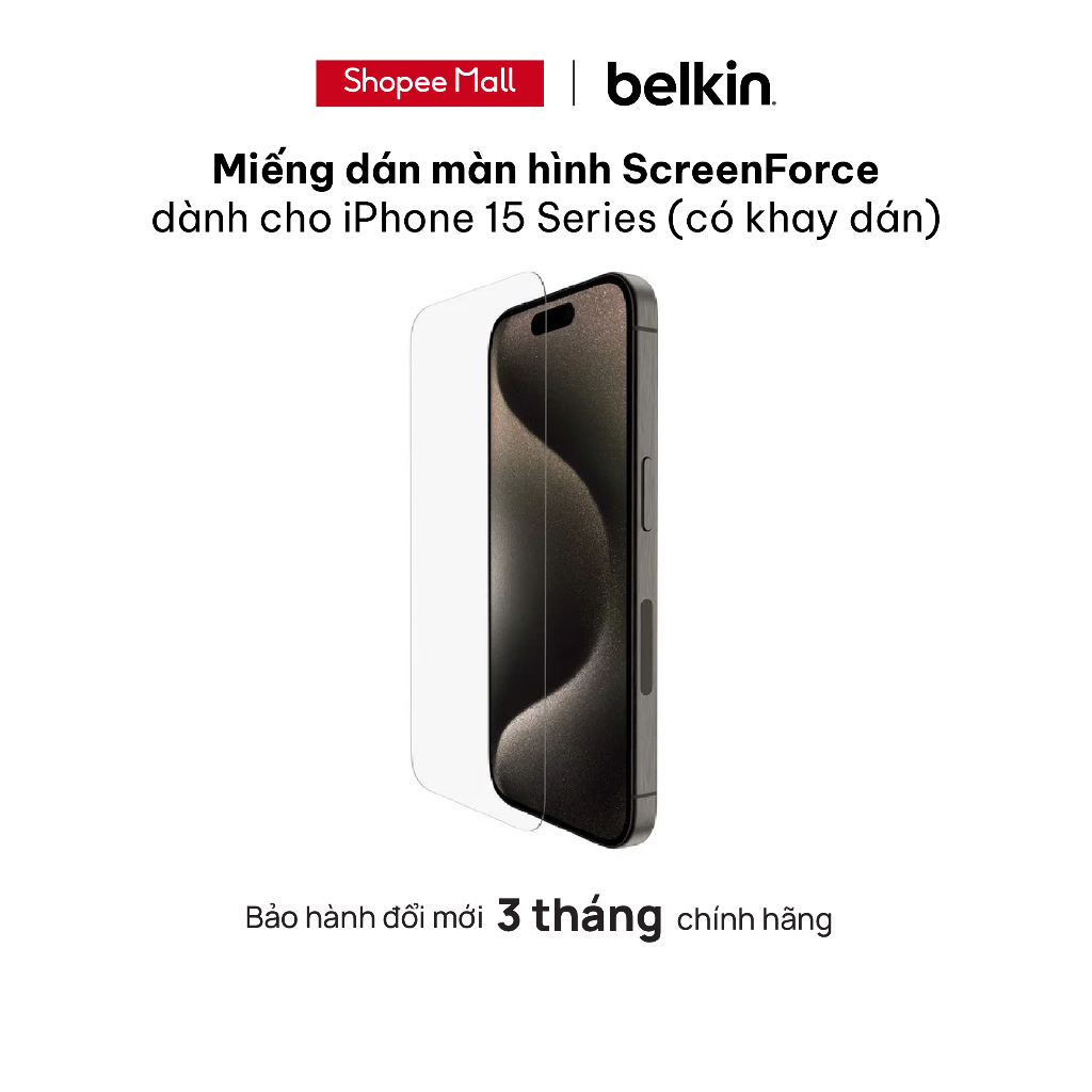 Miếng dán màn hình cường lực Belkin ScreenForce cho iPhone 15 Series, có khay dán - Đổi mới 90 ngày