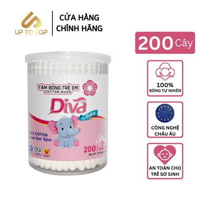 Tăm bông Diva Baby hộp tròn dành cho Trẻ Sơ Sinh 100% Bông Tự Nhiên 200 cây