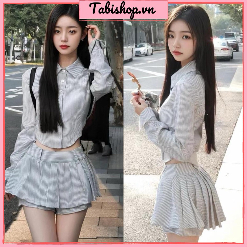 Set áo sơ mi kẻ sọc dài tay kèm quần váy xếp ly TABISHOP Set đồ nữ sang chảnh đi học đi chơi hottren