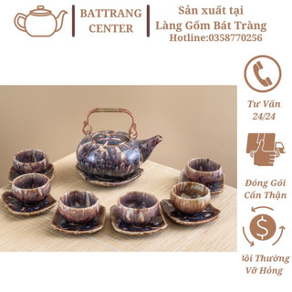 (SIÊU HOT)Bộ Ấm Chén Pha Trà Hoả Biến Bát Tràng-hàng nhà lò giá tận gốc,men Hồng Trà dáng ấm Nhật quai đồng