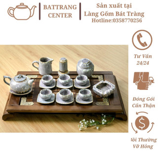 (SIÊU HOT)Bộ Ấm Chén Pha Trà Hoả Biến Bát Tràng-hàng nhà lò giá tận gốc,men Vân Đá Trắng dáng ấm Chóp