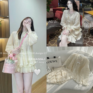 Set áo trắng cổ sơmi viền bèo chân váy midi xoè
