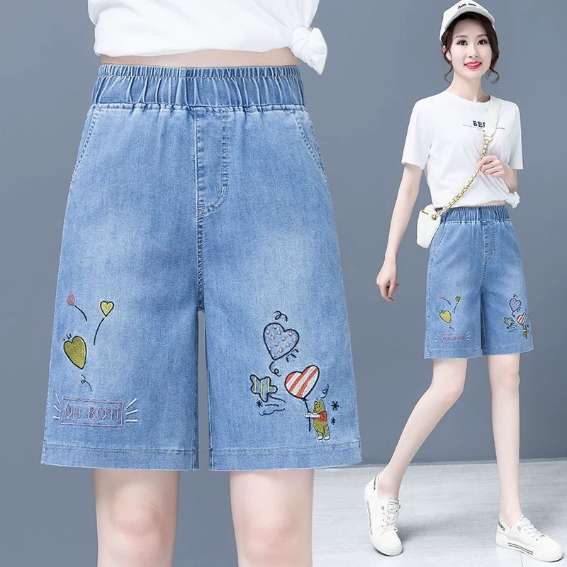 Quần ngố lửng nữ vải denim Tencel ngố thêu gấu ống xuông rộng cho nữ_Quần áo Huyền Anh