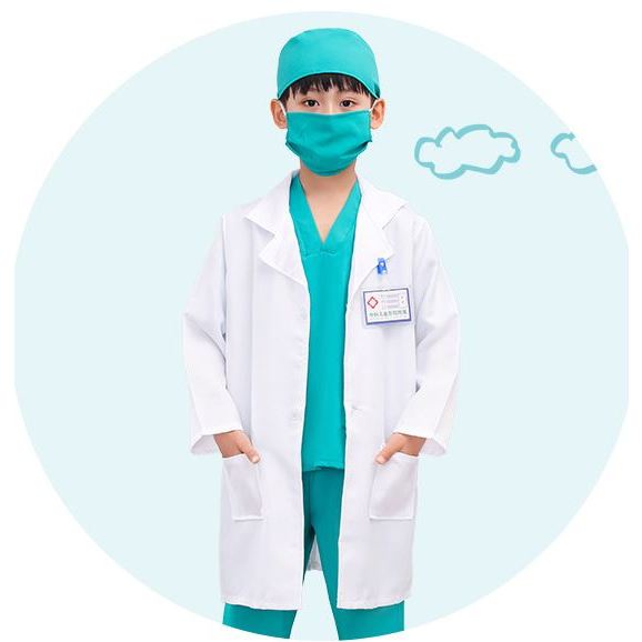 Bộ 5 Món Quần Áo Bác Sĩ Phẫu Thuật Cho Trẻ Em : Áo Blue Trắng, Quần Xanh, Áo Xanh, Mũ, Khẩu Trang