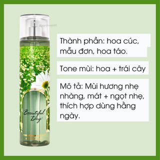 Bộ Sản Phẩm Mist Xịt Toàn Thân, Gel Tắm, Lotion BBW Beautiful Day Từ Mỹ
