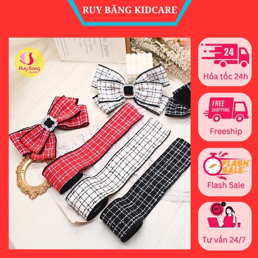 Ruy băng kẻ dạ tweed, chất liệu dày dặn dùng làm kẹp tóc, phụ kiện may mặc