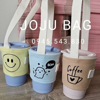 Túi Vải Canvas Đựng Ly Trà Sữa In Gấu Nhiều Màu Dây Đai Trắng Mỏng ( Chỉ Vừa Ly Dưới 540ml )