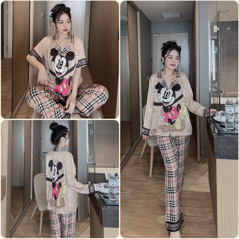 Đồ bộ Pyjama nữ in 5D Chuột Mickey nâu lụa xước Sam cao cấp
