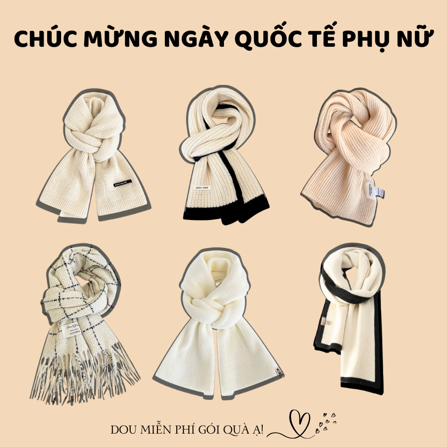 Khăn cashmere quàng cổ unisex nam nữ dày ấm, Khăn len dệt kim tone trắng be nhẹ nhàng mừng Tết Giáp Thìn 2024 - Mã LN105
