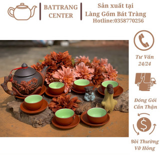 Ấm chén Tử Sa Bát Tràng,đất nung đỏ ĐẮP NỔI TRÊN ẤM-hoa Phù Dung,hoa Sen,Hoa Tùng