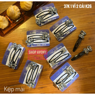 Set 2 Kẹp tóc mái dạng bật, tách kẹp tóc mái tóc sơn đen đính hạt trắng