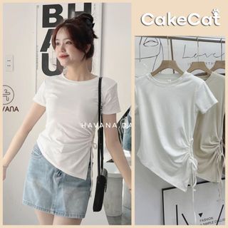 Áo Thun Cotton Rút Dây Eo Kèm Đệm Vai Co Giãn Thoải Mái Áo Phông Trơn Vạt Chéo Cakecat