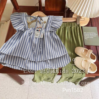 Bộ quần áo mùa hè cho bé gái từ 10-22kg, Set áo cánh tiên cổ bèo sọc xanh kèm quần thun tăm ống loe phong cách dễ thương