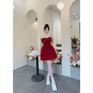 Đầm thời trang nữ trễ vai dự tiệc sang trọng chất nhung phối bèo ngực đính đá dáng váy xoè dài mini tôn dáng sang chảnh