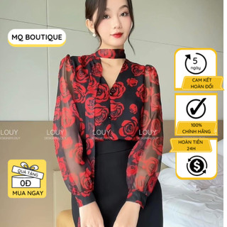 Áo sơ mi tơ họa tiết hoa phối cổ nơ nữ cao cấp công sở thanh lịch đẹp dài tay, áo sơ mi thiết kế MQ Boutique