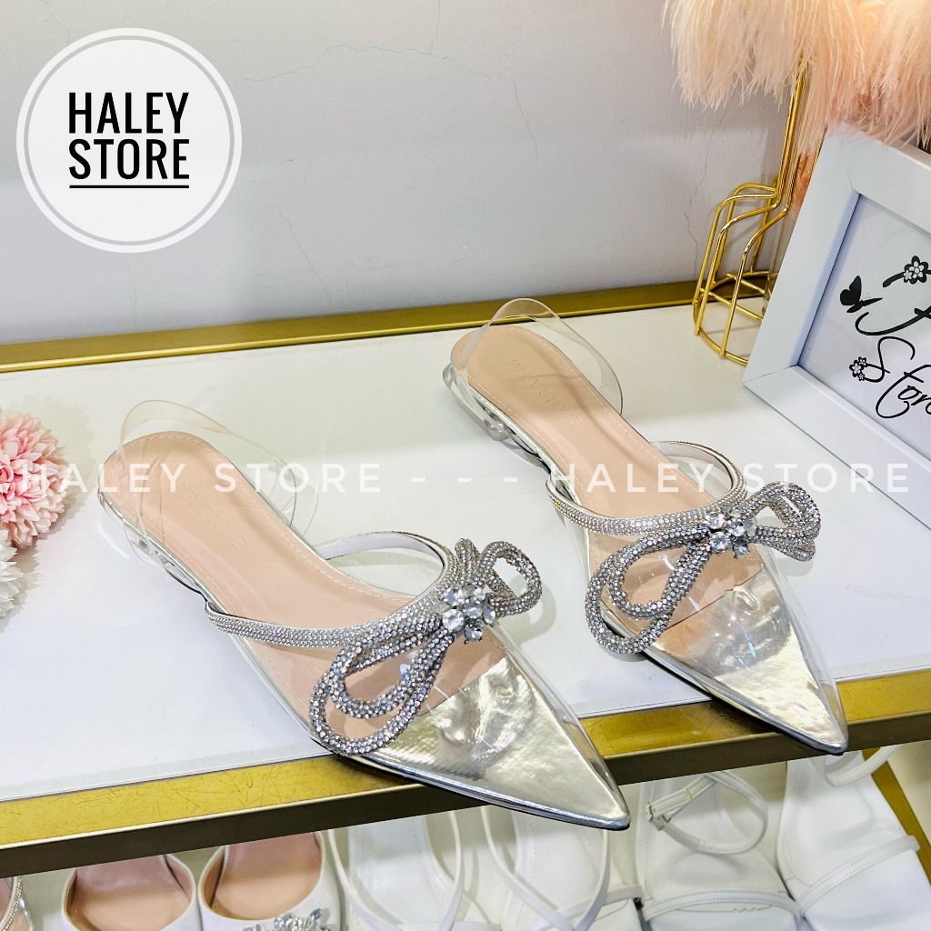 Giày bít bệt xoàn vip mika HALEY STORE gót phẳng đính nơ xoàn bít mũi quai kéo tiểu thư cô dâu tiệc 
